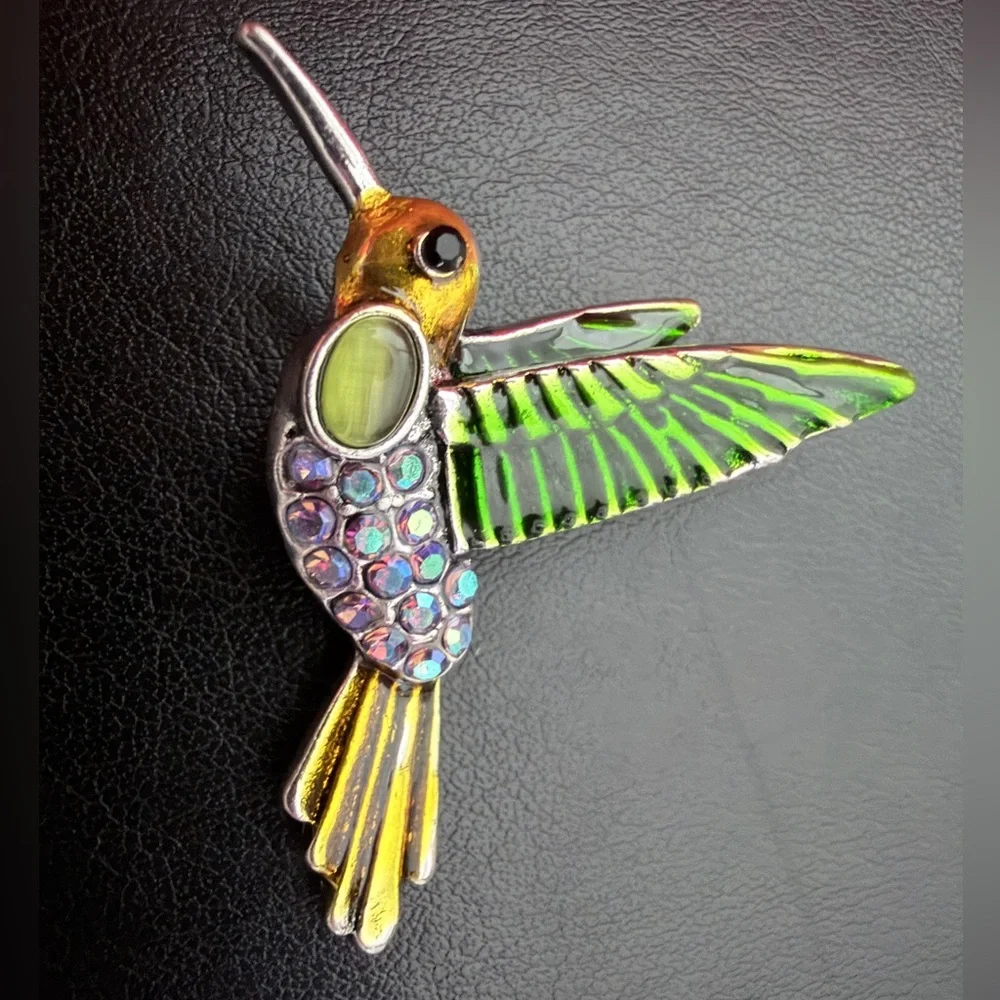 Decorative Green Hummingbird Bird Pendant - Enamel & Crystal Accent